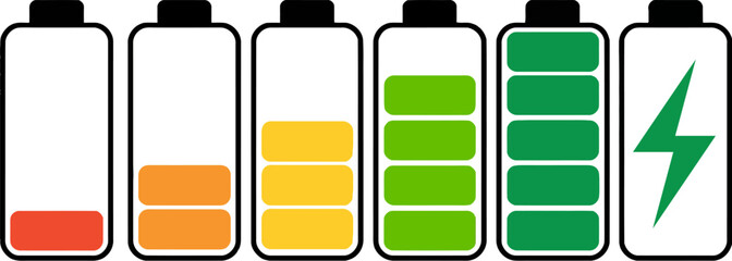 Visual representation of battery charge levels from empty to full