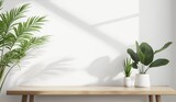 Minimalist wooden table with green plants on white wall background, clean empty center space for product display template or interior design mockup concept