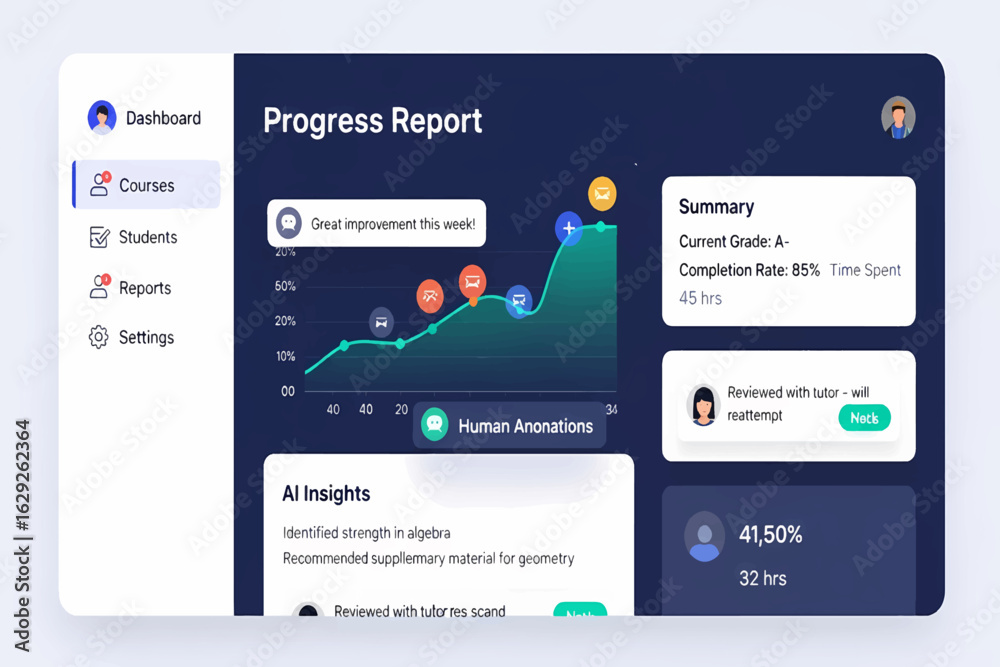 Vector illustration of an e-learning dashboard UI displaying a student ...