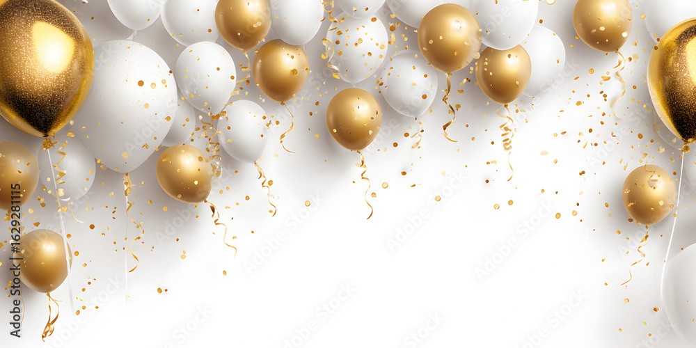 Elegant gold white balloons and party confetti with white background ...