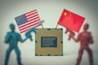 © pla2na - Soldier, CPU computer (central processing unit) US and Chinese flag on white background. US vs China chip war or tech war, semiconductor industry concept. US restrict and control chip export to China.