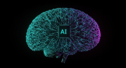 Wall Mural - AI Neural Network: Glowing Teal and Purple Brain Microchip Abstract