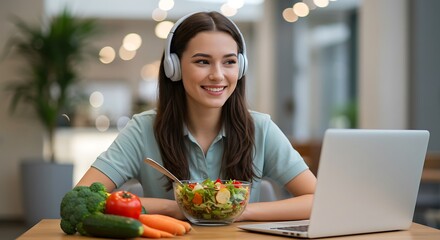 A cheerful young woman wearing headphones smiles while sitting at a table with a healthy salad and vegetables, engaging with her laptop.
