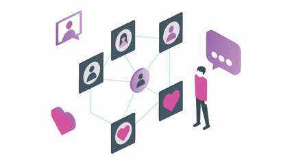 Isometric illustration of a social network with people connected by lines and hearts icons around