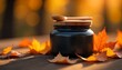 © cd - Wooden Spoon Packaging, a small black jar with a wooden lid and a wooden spoon resting on top, created with generative ai