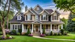 © Tahmina Kazim - Impressive gray suburban residence with elegant architecture, manicured landscaping, and a welcoming porch during golden hour