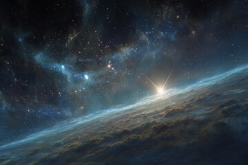 Wall Mural - vibrant cosmic scene showcasing star formation above a distant planet in the expansive space during 