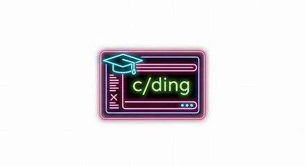 Neon sign displaying the word coding with a graduation cap and menu icon on a white background