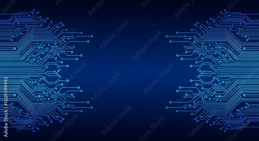 Symmetrical abstract digital circuit board pattern with glowing blue ...