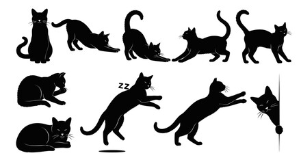  Collection of black cat silhouettes depicting various poses and activities, on white background.