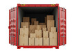 © Aklima - Red shipping container filled with cardboard boxes ready for international shipment and global commerce distribution isolated on transparent background