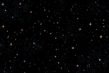 Wall Mural - colorful stars twinkle against a dark space background in a cute flat style illustration, showcasing