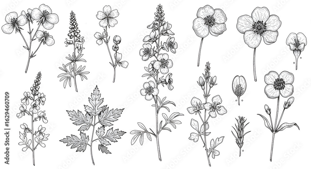 繊細な線画 野草 花 植物図鑑 白黒 精密描写 ボタニカルアート. AI
