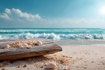 Wall Mural - Relaxing summer day at the beach with soft sand, gentle waves, and seashells along the shore inviting peaceful moments by the sea