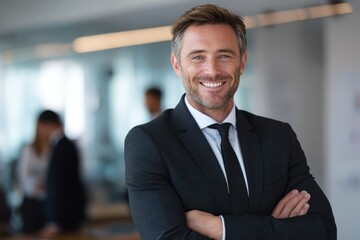 Poster - Businessman standing confidently with crossed arms while smiling in a modern office setting during a busy workday