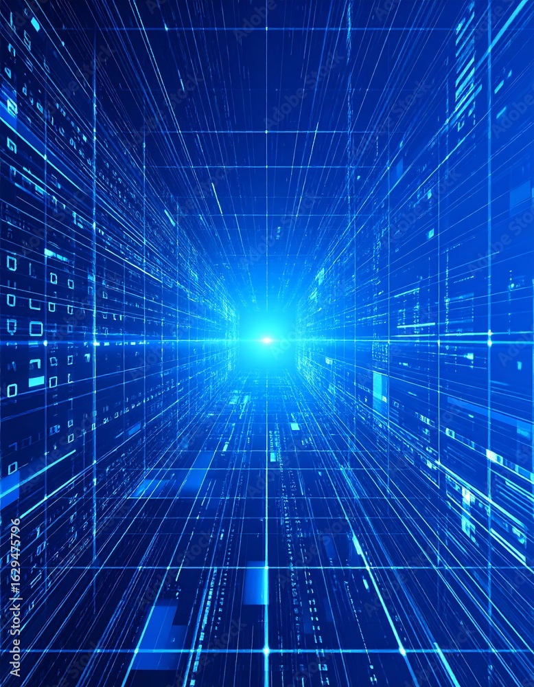 Abstract blue digital tunnel with binary code and glowing lines ...