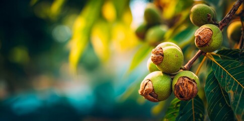 fresh green baby walnuts are seen in a close-up shot on a tree branch, highlighting walnuts, green, 