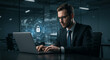 © Madiha - Businessperson in Modern Office Working on Laptop with Digital Lock Icon and Data Visualizations Emphasizing Cybersecurity