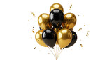 Black and gold balloons bouquet with confetti isolated on black background, perfect for elegant celebrations and parties