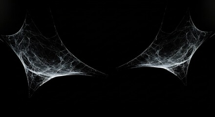 Intricate Spiderweb Detail: Pair of Symmetrical Cobwebs Isolated on Black Background, Halloween Decoration, Nature Texture