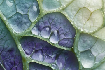 Wall Mural - Close-up of a leaf's intricate cellular structure, showcasing vibrant colors and water droplets.