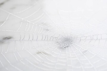 Delicate spiderweb glistening with morning dew, a beautiful natural design.