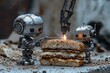 © imagepocket - Two rusty robots meticulously construct a delicious cheeseburger using advanced tools.