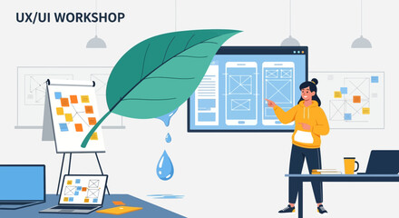 UX/UI workshop illustration emphasizing sustainable app development and eco-friendly user