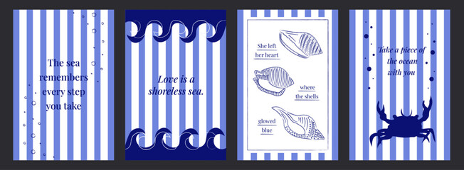 Poster - Collection of minimalist beach posters. Summer sea cards in line art style. Vector template for banner, post, cover