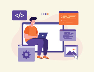 website setup concept for landing page. man working as programmer, writing code using laptop, websit