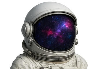 Wall Mural - astronaut helmet reflecting colorful nebula, transparent backdrop highlighting cosmic exploration an
