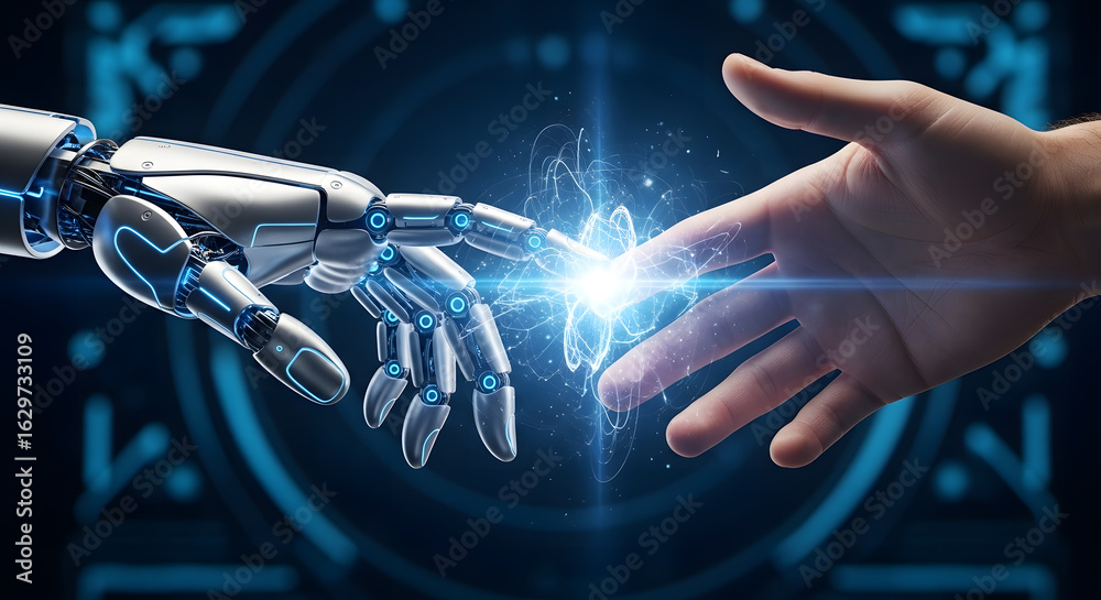 Human and robot hands connect, sparking a digital glow, symbolizing a ...