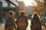 Dzieci z plecakami wracają do szkoły we wrześniu. Idą chodnikiem w pogodny poranek, pełne energii i radości po wakacjach – gotowe na nowy rok szkolny.