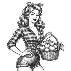 Wall Mural - smiling pin-up girl in plaid shirt and shorts, holding a basket full of fresh apples sketch engravin