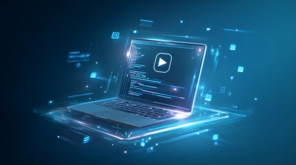 Futuristic laptop showcasing video coding and digital data streams