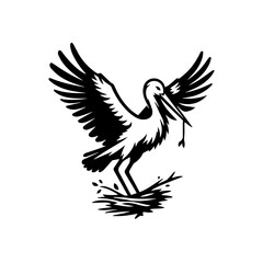 Stork with wings spread, holding a branch in its beak