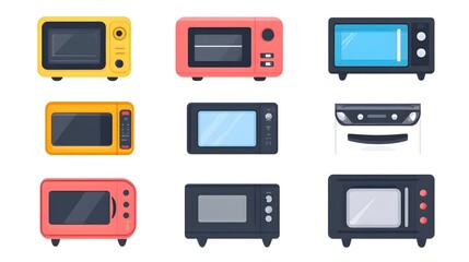 Digital illustration of three stylized, colorful microwaves arranged in a grid pattern.