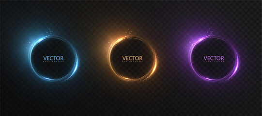 Wall Mural - Set of glowing round frames in blue, gold and purple colors with shimmering dust and glitter particles. Vector light element for design on dark background.
