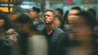 © Chok2533 - A man with closed eyes standing still in a busy subway station with people rushing past like a blur, only he is in sharp focus — motion vs stillness, mindful contrast