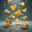 © SA-Ai  - Crispy potato chips are falling and levitating on a blue background