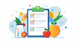 © laxmidesign - Vector art of a clipboard with a checklist and checkmarks, surrounded by fresh fruits and vegetables, representing healthy eating and goal achievement