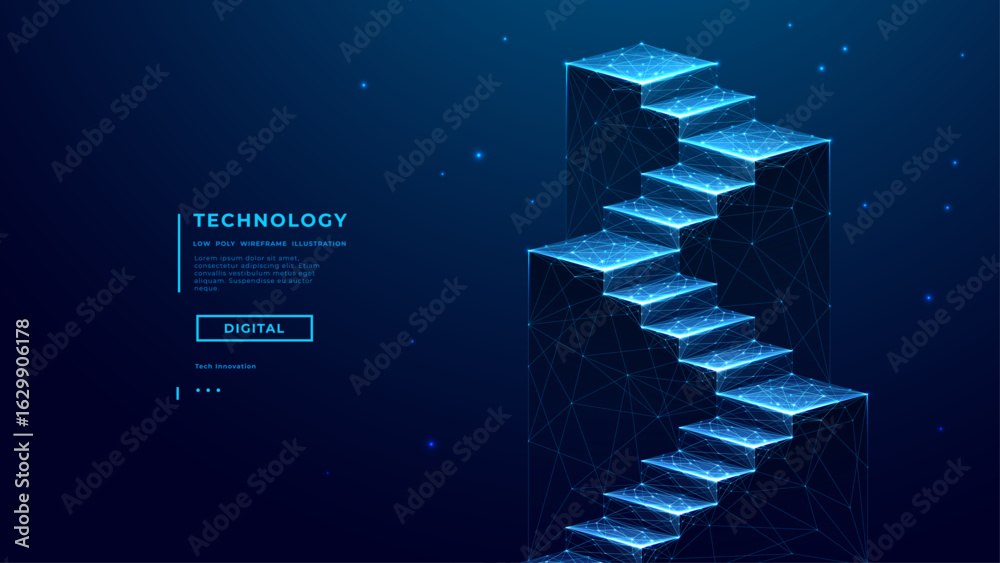 Digital success stairs in technology low poly wireframe style on dark ...