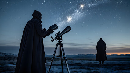 Silhouettes of people stargazing with a telescope