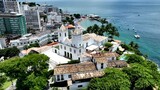 Coast Church In Salvador Bahia Brazil. Bird Eye View Of Church Standing Tall Amidst Beautiful Scenery. Town Sky Clouds Backgrounds Urban. Town Panorama. Salvador Bahia.