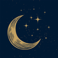 Wall Mural - starry magic night sky background. bright golden moon and stars wallpaper. space backdrop. dark sky 