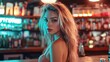 © Ruslan Gilmanshin - A striking portrait of a beautiful woman with long blonde hair, bathed in the vibrant, neon glow of a modern bar, exuding style and confident nightlife