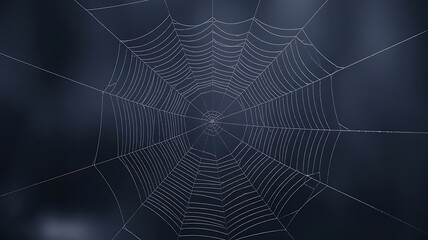 Delicate spiderweb, intricate design against dark backdrop.
