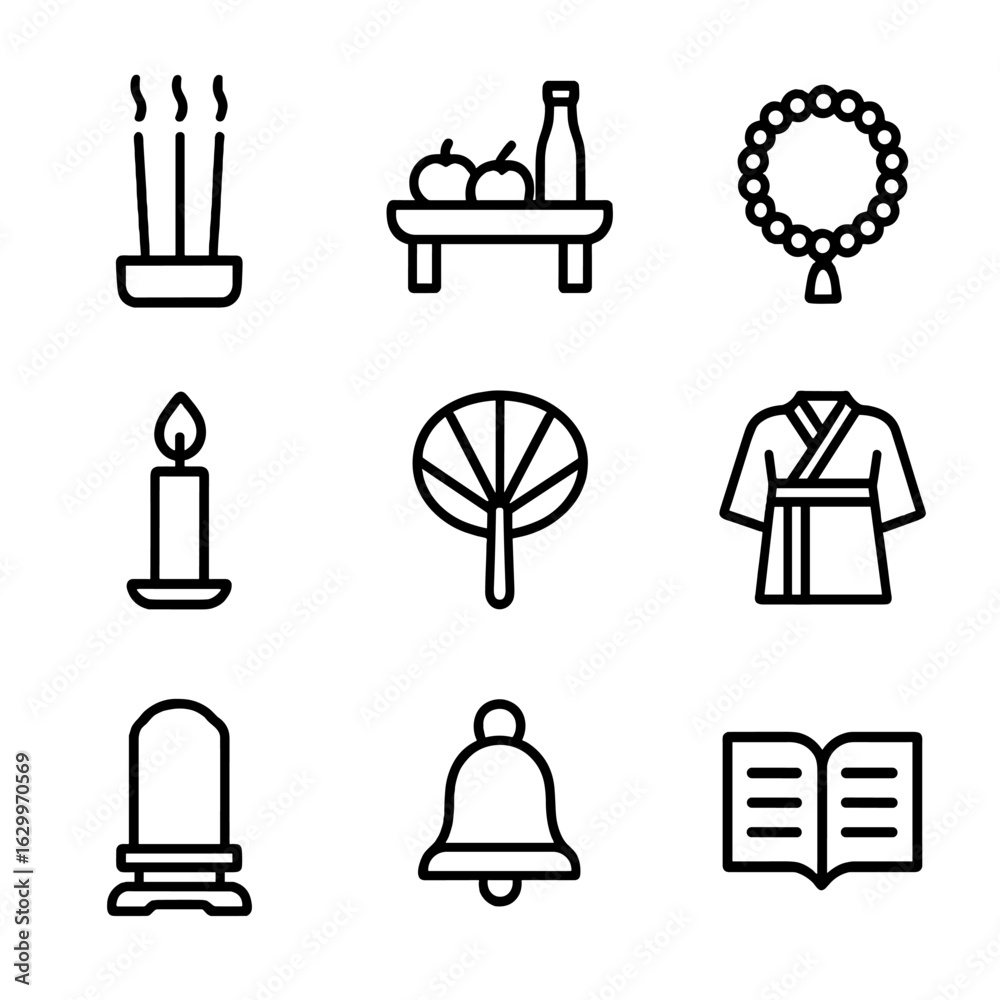 Daily Ritual Icon Ancestral Ritual Icons. Outline icon set of ancestral rituals: incense ...