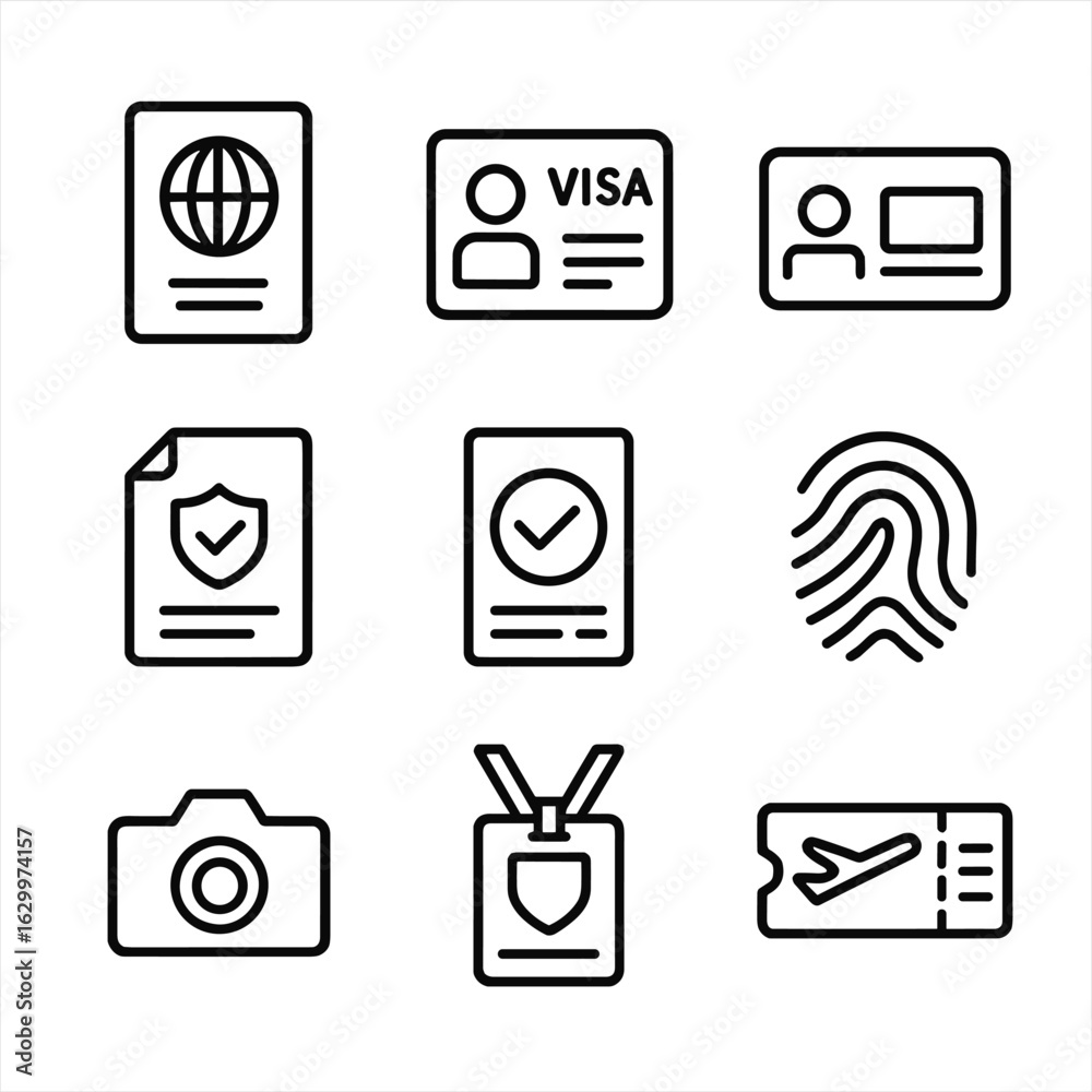 Border Control Icons. Outline icon set of border control documents ...