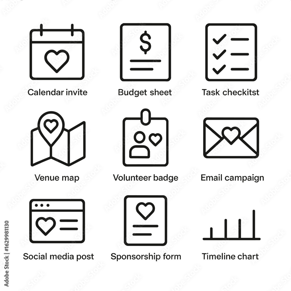 Charity Event Icon Set. Outline icon set of charity event planning ...